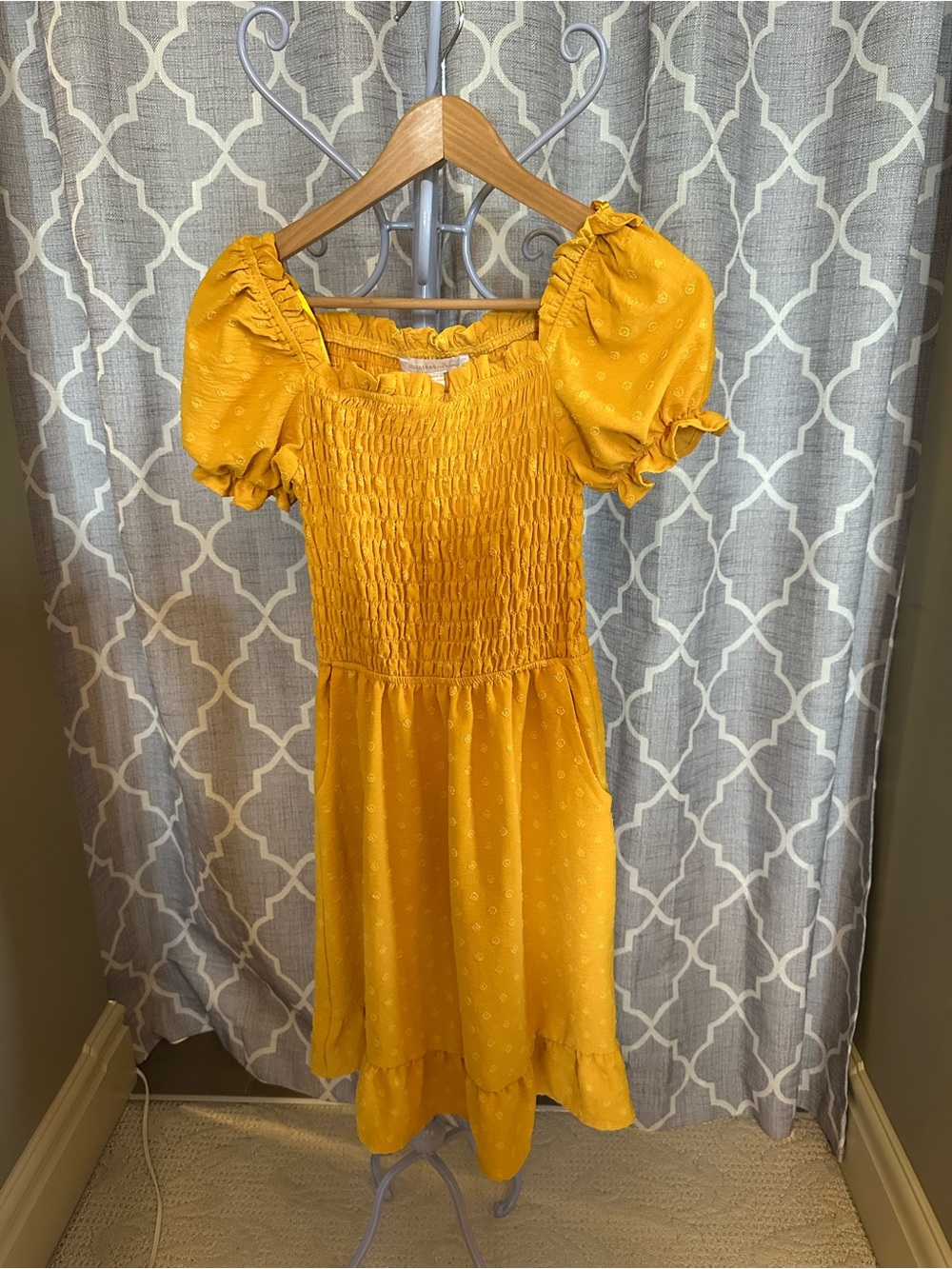 Monteau Mustard Yellow Smocked Puff-Sleeve Dress